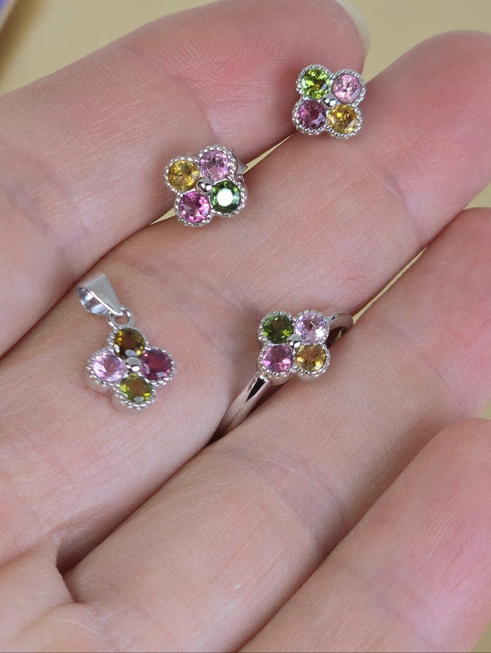 925 Sterling Silver Set (Earrings, Ring Sz 6, Pendant) With Natural Tourmaline .